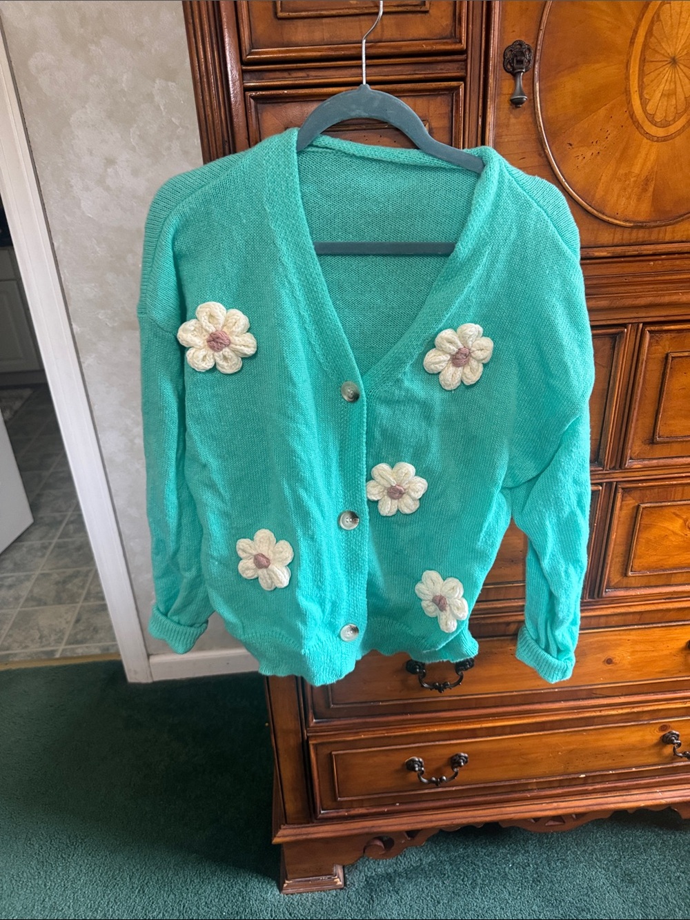 Turquoise Floral Appliqué V-Neck Cardigan Sweater NWT